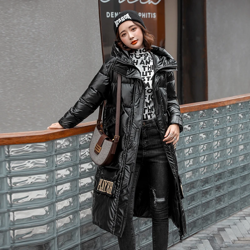 

Korean Style Women's Winter Long Jacket Printing Hooded Female Cold Coat Stand Collar Loose Plus Size Shiny Parkas Woman Outwear