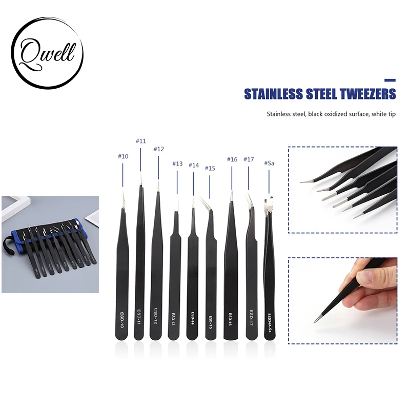 

QWELL 9pcs/set Curved Fine-Tip Anti-static Tweezers Set Stainless Steel for Picking Up Electronics Repairing Hand Tools 2021