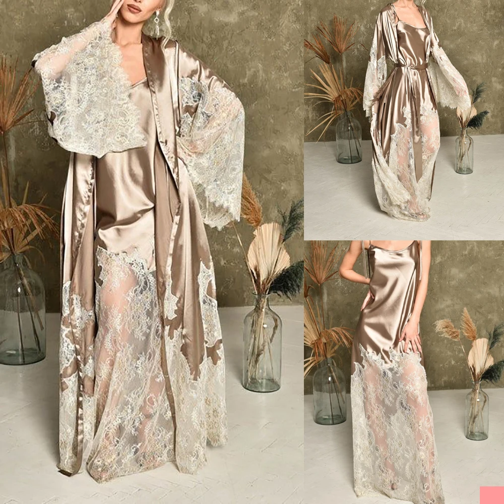 2 Pieces Chic Floor Length Night Robe Long Sleeves Lace Appliqued Bathroom Photo Custom Made Party Sleepwear