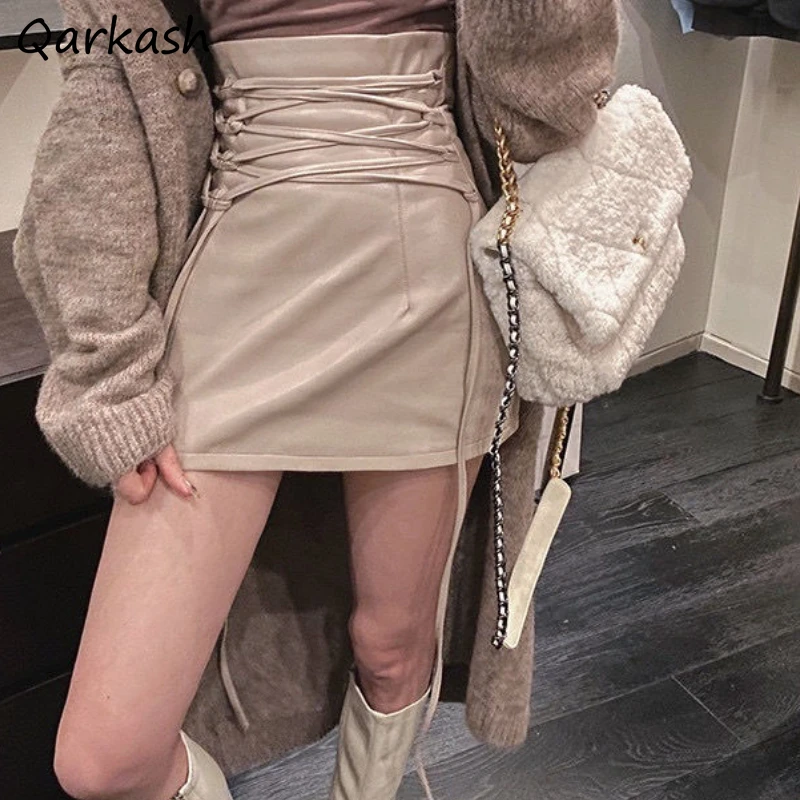 

Skirts Women All-match PU Simple Leisure Classic Lace-up Mini Stylish Hipsters Party Popular Tender New Arrival Elegant Empire