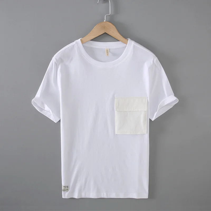 T002 Summer Men T-Shirt Casual Youth Simple Cool Trendy Street Style Loose Solid Color Soft Heavy Weight Wild Fashion Pocket Tee