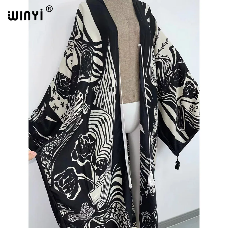 WINYI 2024 Bohemian Printed Summer Beach Wear Clothing Long Kimono kaftan Tunic Women Tops Belted Wrap Coat robe sexy femme