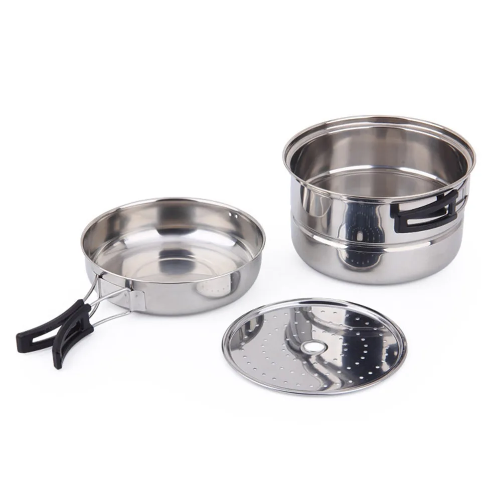 3Pcs Camping Cookware Set Portable Stainless Steel Cooking Pot And Pan Set Outdoor Cooking Tools Set For Picnic