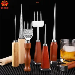 Cocktail Ice Shaver for Bartender,Ice Pick,Wooden Handled,3 Heads,Cone Ice,Awl Crusher,Trident Bar Accessories,Whiskey Tools