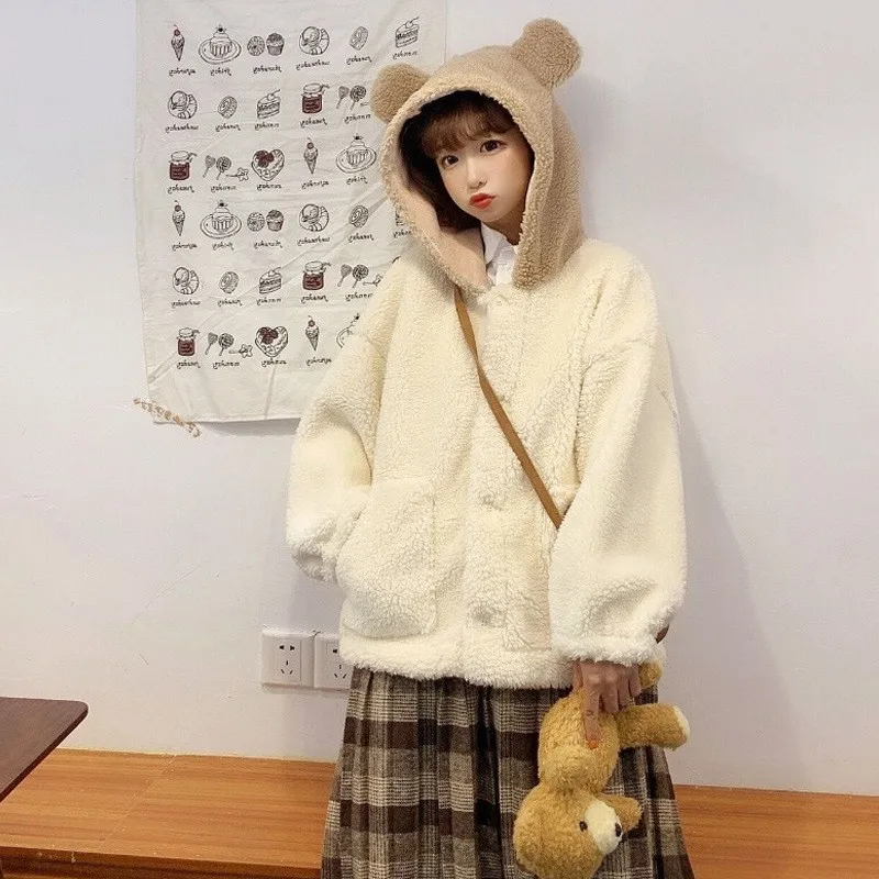 Women Lolita Teddy Hooded Soft Girl Soft Fabric Sweet Kawaii Bear Ears Coat  Japanese Ins Cute Plush White Jacket Youthful Parka