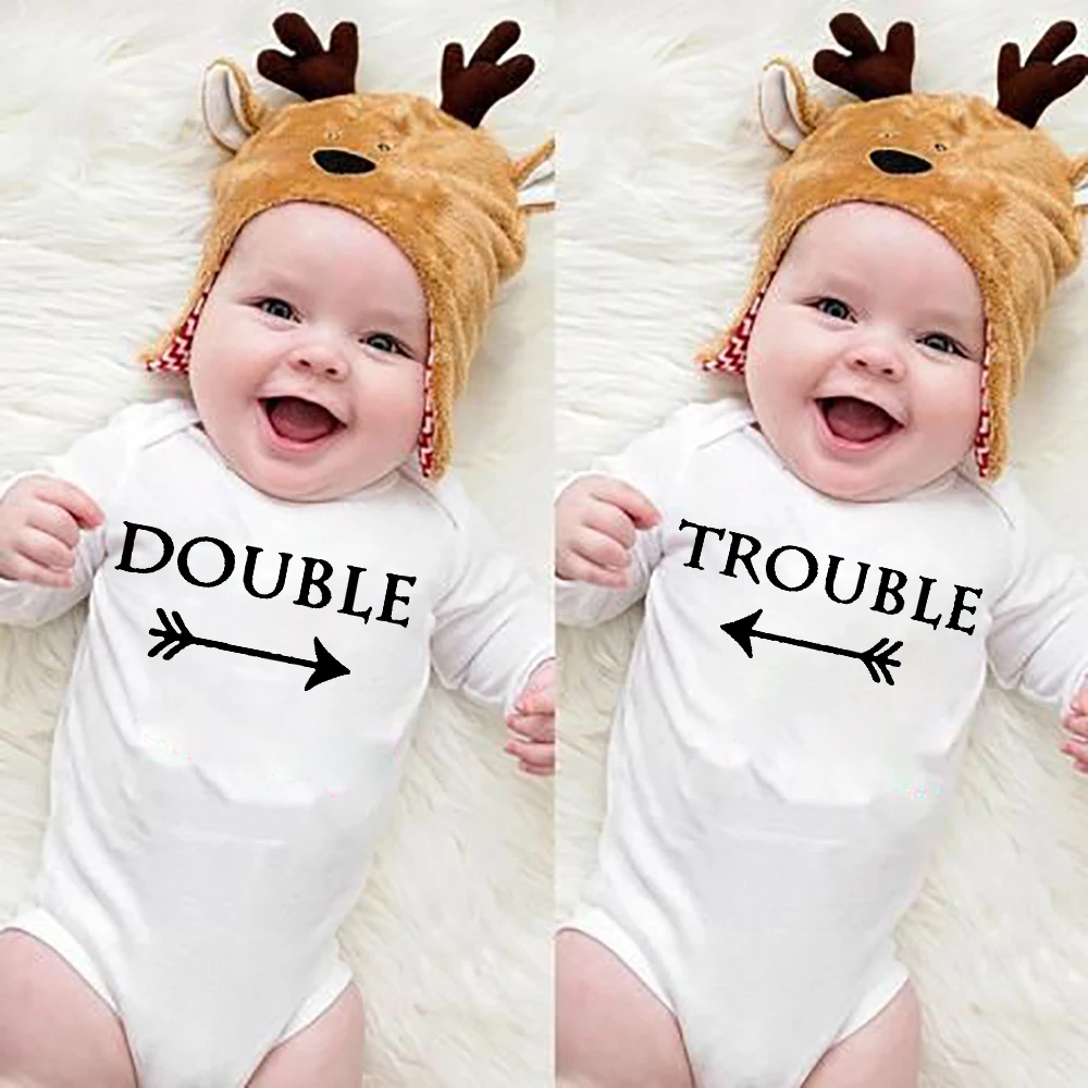 Double Trouble Funny Print Newborn Bodysuits Twin Baby Unisex Crawling Jumpsuit Playsuit Infant Child Long Sleeve Clothes 0-24M