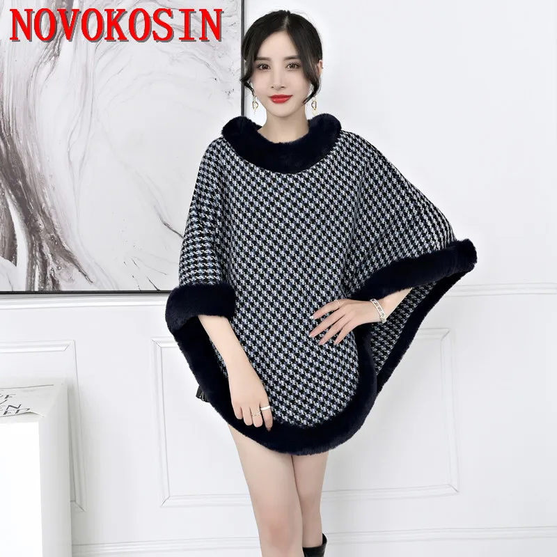 2021 Winter New Faux Rabbit Fur Cape Fashion Houndstooth Ladies Poncho With Fur Buttom Plus Size Women's Knitted Pullover Coat