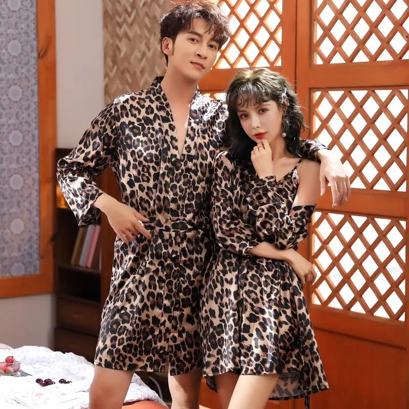 Men Lovers Summer Leopard Plus Size Long Silk Bathrobe Home Hotel Wedding Bath Robe Kimono Robes Dressing Gown Night Sleepwear