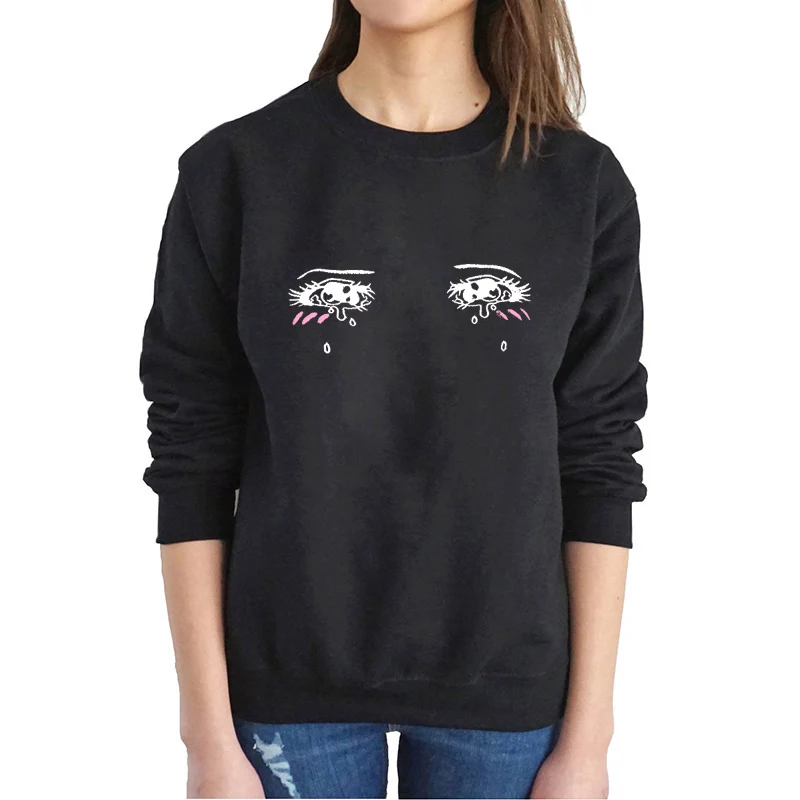 

Autumn Unisex Loose Fit Style O Neck Hoodie Cry Eyes Print Long Sleeve Funny Graphic Women Sweatshirt Winter