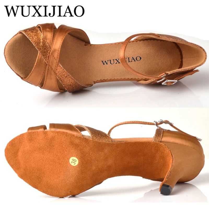 WUXIJIAO Latin dance shoes Salsa women\'s bronze satin unique tailor design satin shoes for ballroom dancing  Tango shoes