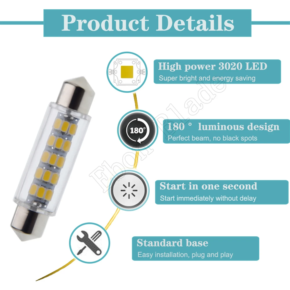 2Pcs 44mm 1.73in LED Car Interior Dome Map Festoon Lamp License Plate Light Trunk Bulb C5W C10W 3020 15 SMD 12V DC Warm White