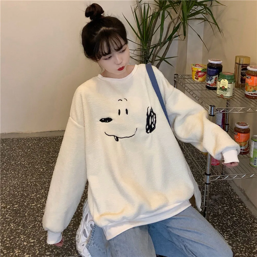 Sweet Winter New Arrivals Women Hoodie Sweatshirt Apricot Lamb Wool Embroidery Cute Puppy Female Loose Pullover