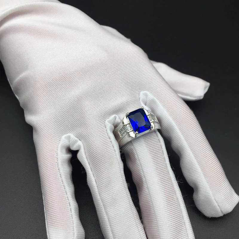 Fashion Men Ring 925 Silver Jewelry Rectangle Sapphire Zircon Gemstone Finger Ring for Wedding Engagement Wholesale Accessories