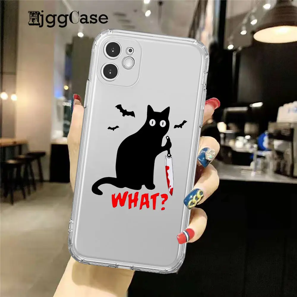 Funny Black Cat What Phone Case For iPhone 13 11 Pro 12 mini X XS MAX XR 7 8 Plus SE20 Cartoon Pew Pew Madafakas Cover coque she