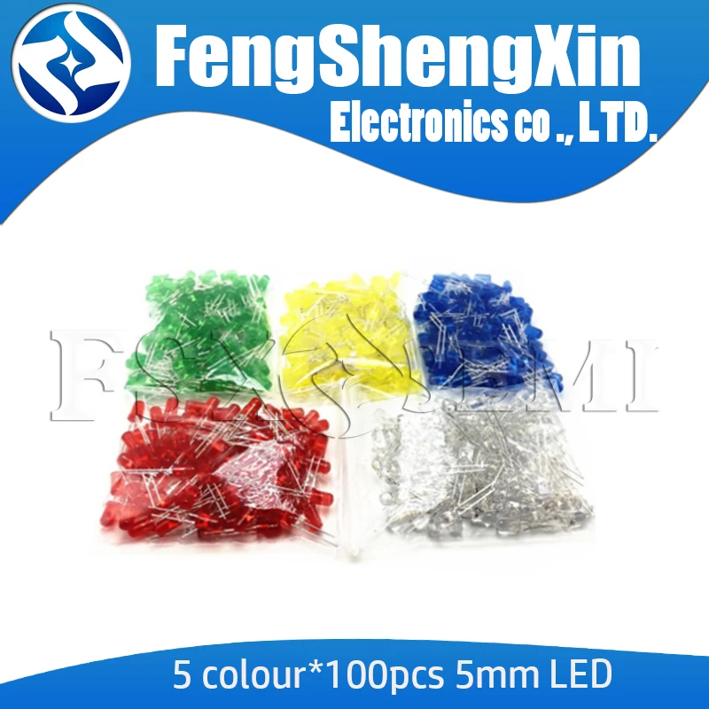 5 colour*100pcs=500pcs 5MM LED F5 Diode Kit Mixed Color  Red Green Yellow Blue White