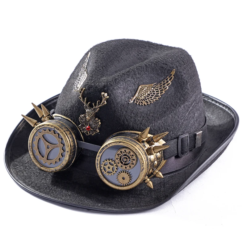 Steampunk Hat Vintage Detachable Goggles Rivet Wings Gothic Cowboy Hat Men Polyester Fishing Top Hats ​Halloween Party