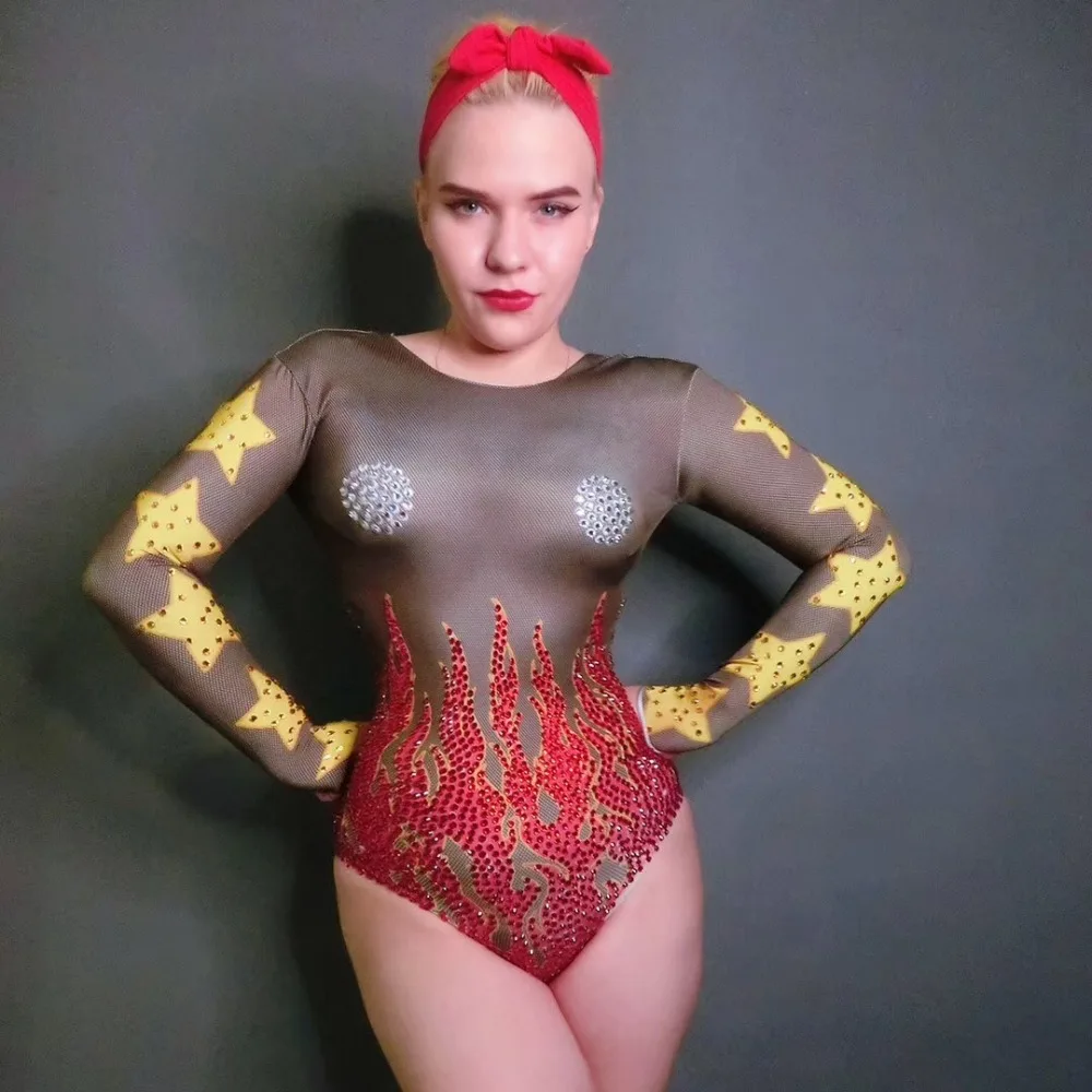 

Flashing Sexy Fire Pattern Stones Leotard Costume Singer Rhinestones Bodysuit Nightclub Outfit Wear Stretch Outfit