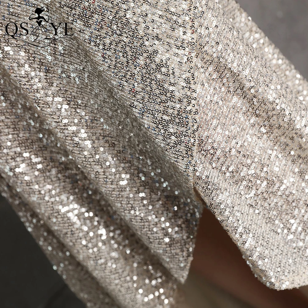 Sparkle Silver Short Evening Dresses High-Low Sequin Prom Gown Mermaid V Neck Glitter Party Dress Half Long Sleeves Formal Gown