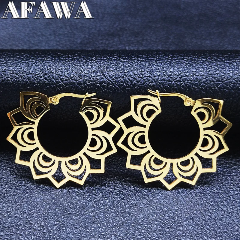 2024 Stainless Steel Big Lotus Flower Circle Earrings for Women Gold Color India Round Earrings Jewelry pendiente aro E8970S01