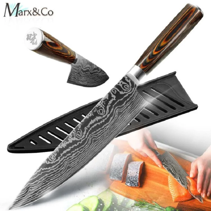 

Kitchen Knife Chef Slicing Santoku Cleaver Utility Cutter 7CR17 Single Piece Stainless Steel Imitation Damascus Pattern Cooking