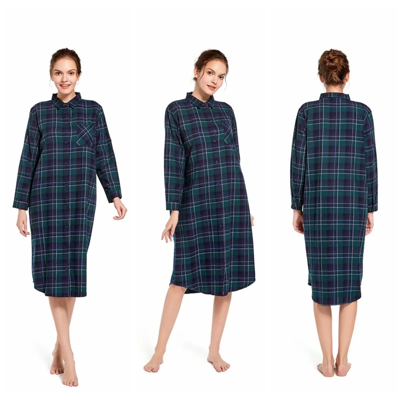 Autumn and Winter Long Checkered Nightdress Cotton Cardigan Home Loose Pijamas Ladies Home Sexy Nightwear Red Sleep Shirts