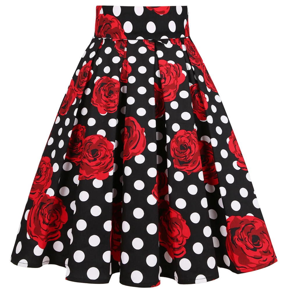 Retro Vintage Women Midi Skirt High Waist Cotton 3XL 2024 Casual Oversized Skirts Daily 60s Polka Dot Pinup Rockabilly Skater