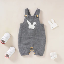 Barboteuse en tricot pour nouveau-né, tenue pour garçon et fille, sans manches, pull à la mode, avec poche, lapin mignon