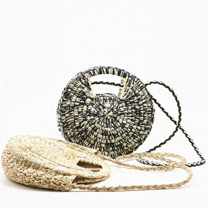 Textured Round Straw Bag Beach Boho French Market Strawbag Women Weave Shoulder Bag Round Summer Beach Purse And Handbags