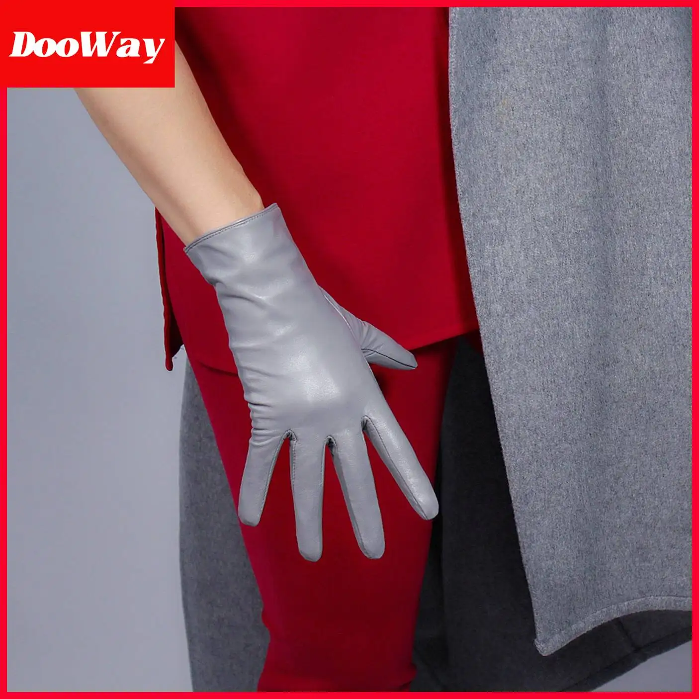 DooWay Women's Gray Real Leather Short Gloves Genuine Goatskin Wrist Long Vintage Classic Grey Warm Driving Celeb Fashion Glove