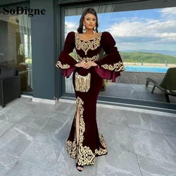 SoDigne Burgundy Morocco Caftan Evening Dresses Lace Appliques Mermaid Prom Dress Velvet Long Sleeve Formal Evening Party Dress