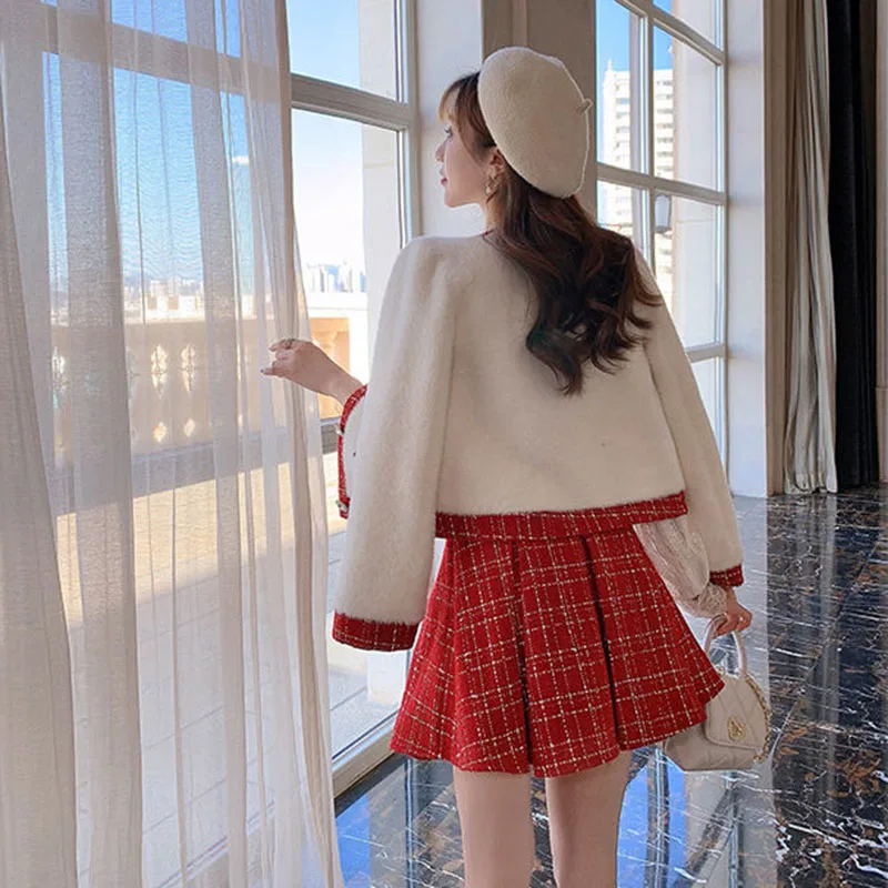 2022 Ladies Christmas Suit Two Piece Set Thick Winter Red Tweed Lattice Chic Jacket Warm Plaid A-line Pleated Skirt Suit Female