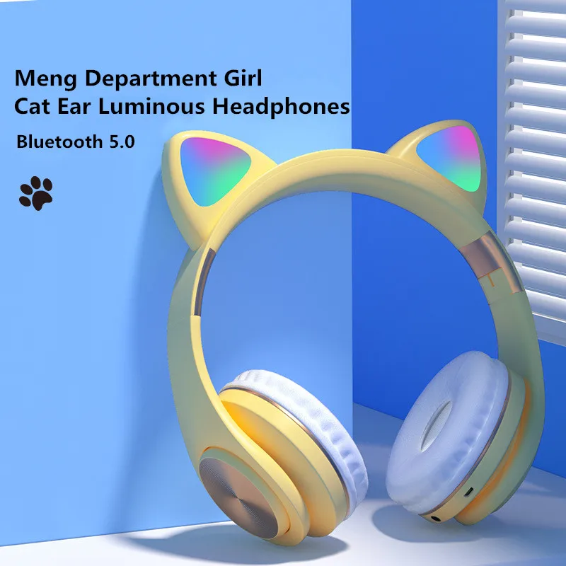 New Macaron Color Wireless Bluetooth Earphones Cat Ear with Mic Luminescent Stereo Music Game Headphones Gift for Girls