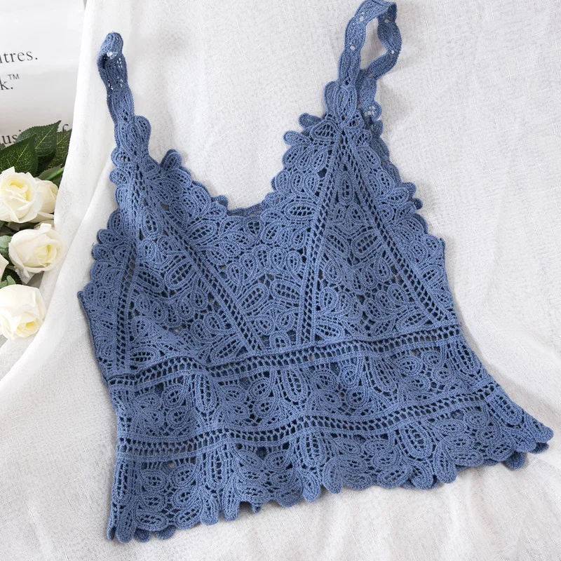 Mùa Hè Ngọt Ngắn Ren Phong Cách Áo Crop Top Nữ Khoét Hở Thời Trang Camis Nghỉ Mát Bãi Biển Dệt Kim LooseTop Nữ Gợi Cảm Xe Tăng áo Sơ Mi Nam