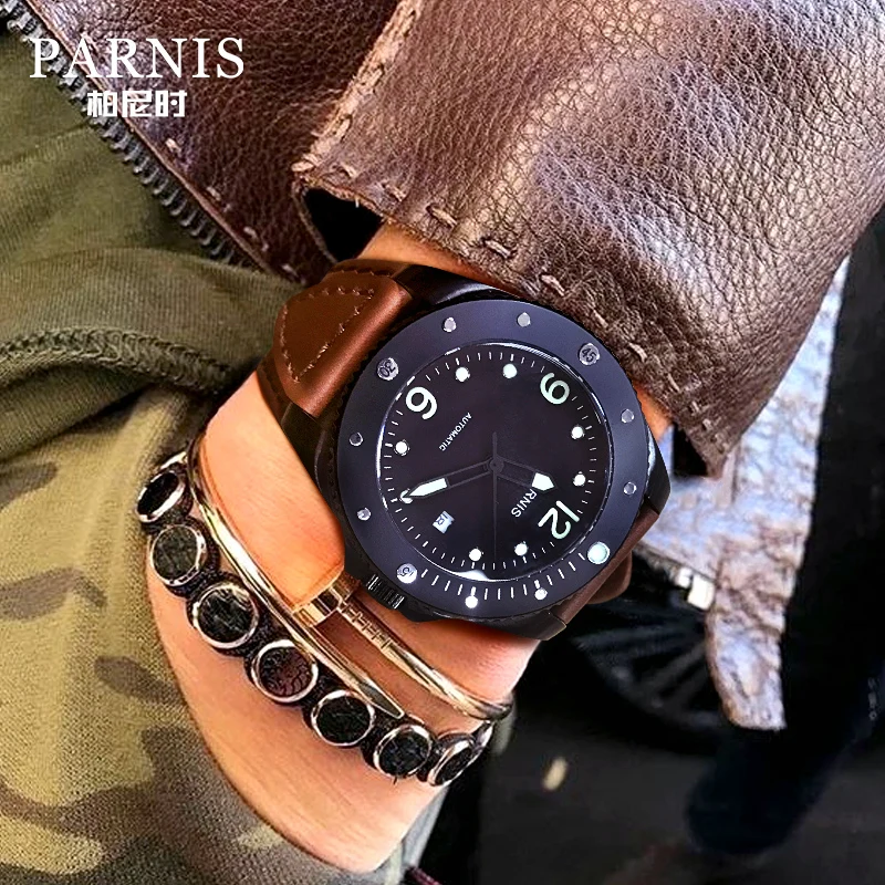 Relógio de pulso de mergulho masculino, relógios automáticos masculinos PARNIS esporte homem relógio de pulso mecânico 100m relógio à prova d'água luminoso relogio de luxo