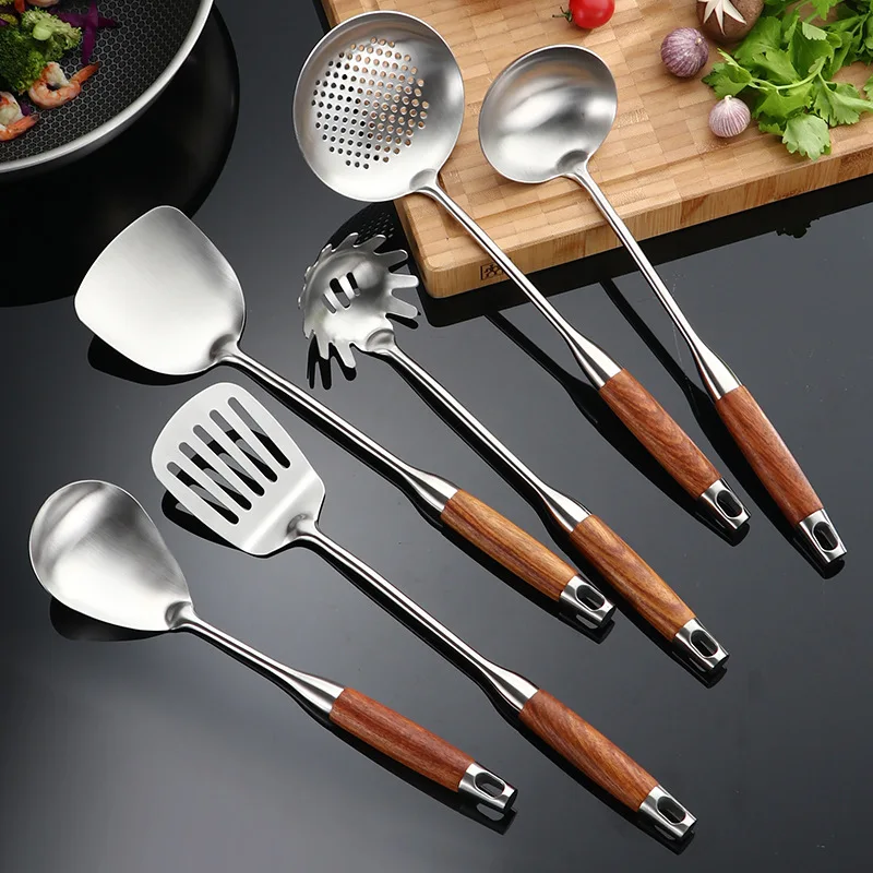 Rosewood Handle Spoon Colander Stir Fry Scoop Spatula Slotted Spoon Kitchen Cooking Tool Storage Holder Rack Kitchen Accessories