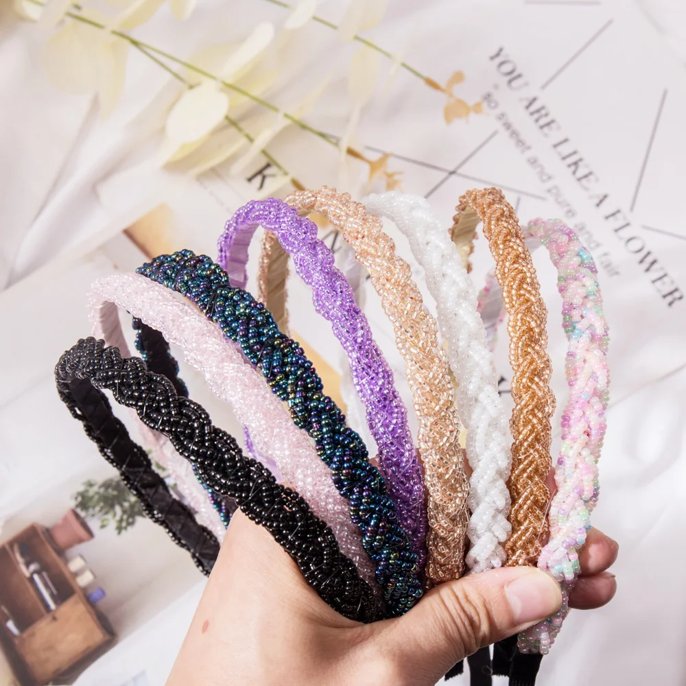 Retro Handmade Bead Hairband Elastic Women Headband Hair Accessories Metal Crystal Braid Head Bands Girls Hair Hoops Headwear