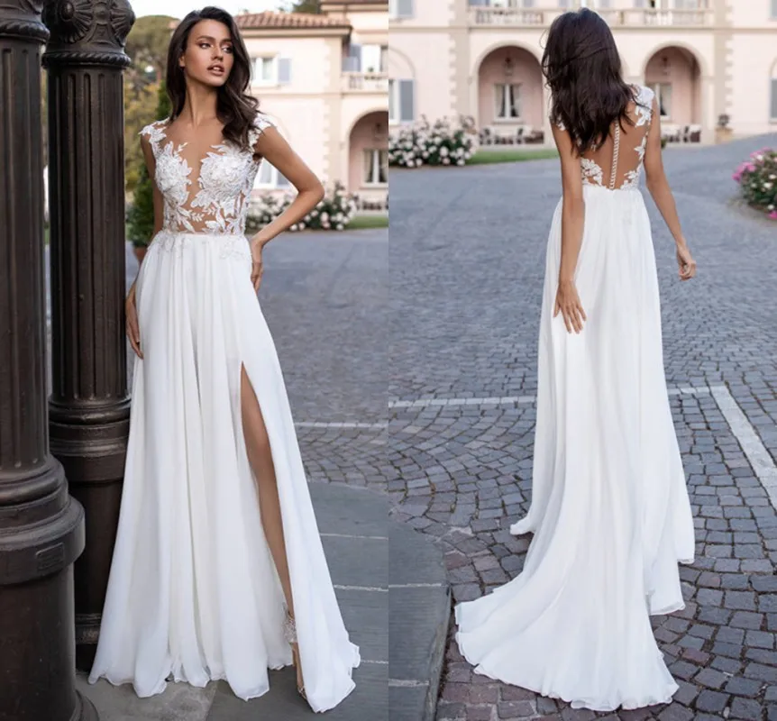 

A Line Lace Wedding Dress 2024 Robe De Soirée De Mariage Sheer Illusion Split Bridal Gowns Simple Beach Boho