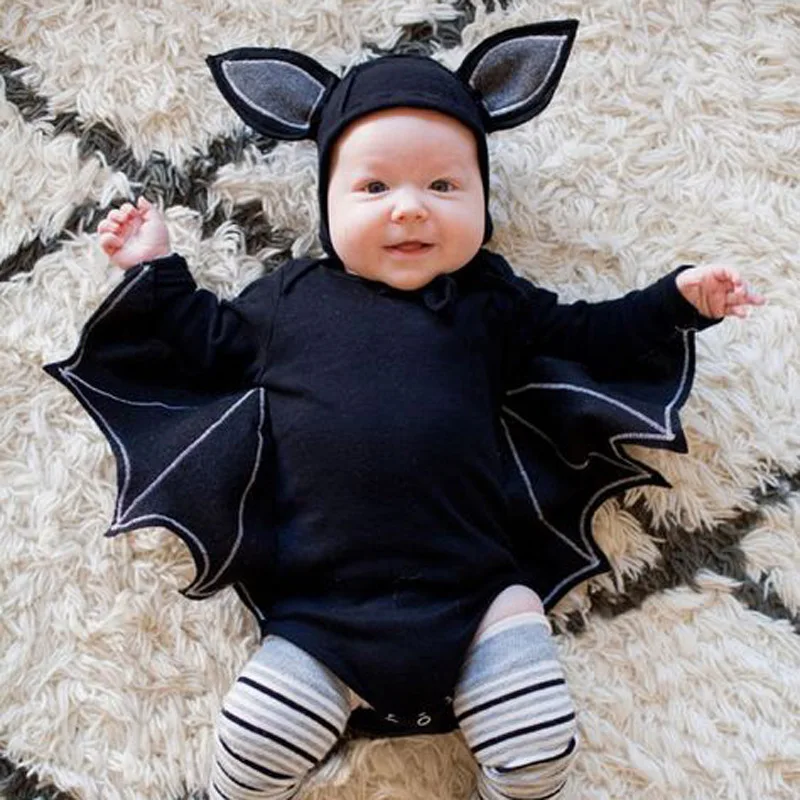 Infant Baby Halloween Clothing Black Bodysuit Bat Design Bebe Boy Girl Cotton Jumpsuit With Hat 2pcs Set Hallowmas Costumes