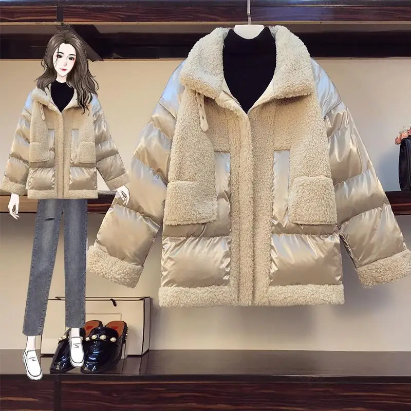 2024 Women\'s Winter Jacket Coat Korean Style Loose Fashion Lamb Wool Patchwork Parker Women\'s Fashion Oversize Outerwear 4XL