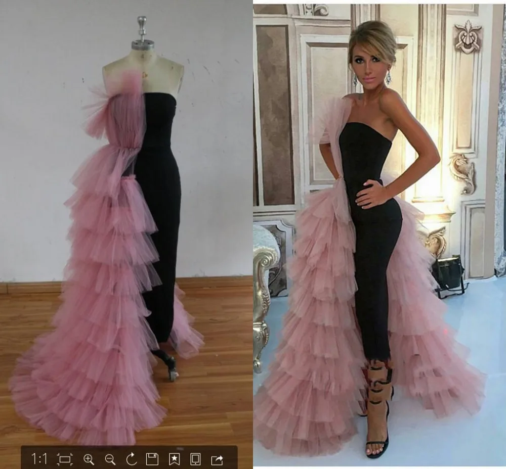 Tendance 2021 noir droit robe de bal 2020 Couture rose Tulle à plusieurs niveaux longues robes de soirée volants arabe formelle femmes robe de soirée