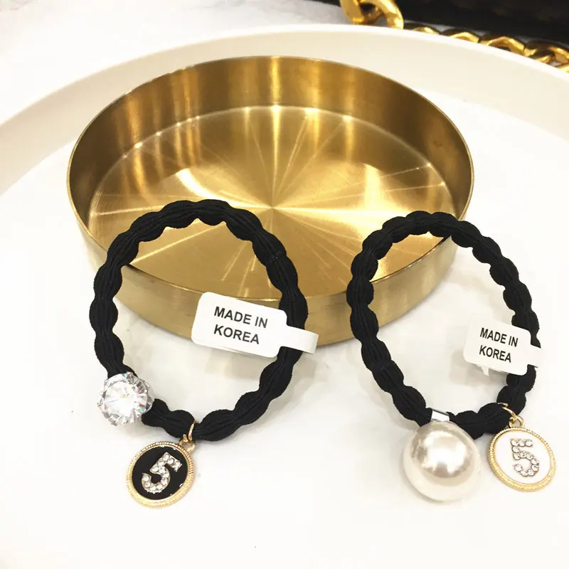 Korean Boutique Pearl Rhinestone Hair ring Bold Rubber Band Number 5 Head Rope Pearl crystal pendant ball hair