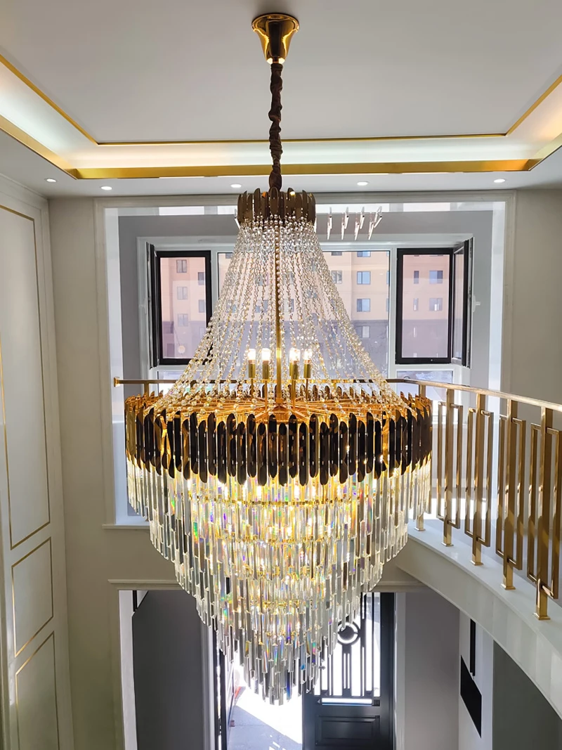 Large Gold Crystal Chandelier Lighting For Stair Modern Hanging Lamp For Foyer Lobby Hall Luxury Hanging Light For High Ceilings