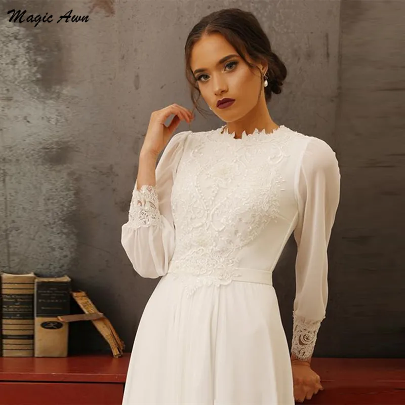 Magia awn graciosa mangas compridas chiffon vestidos de casamento boho rendas apliques o-pescoço praia vestidos de noiva personalizado robe de mariage