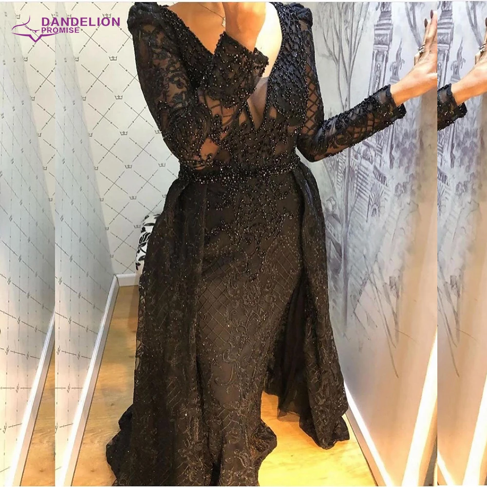 Luxury Dubai Evening Dresses Long Sleeves V Neck Sheer Top Beaded Prom Dress 2020 Handmade Formal Party Gowns