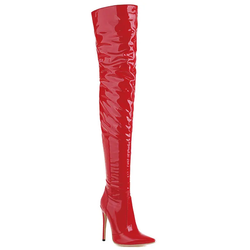 Sgesvier 2021 New Sexy Over the knee Long Boots  High Heel Patent leather Autumn Winter Women Shoes Black Red White Size 32-49