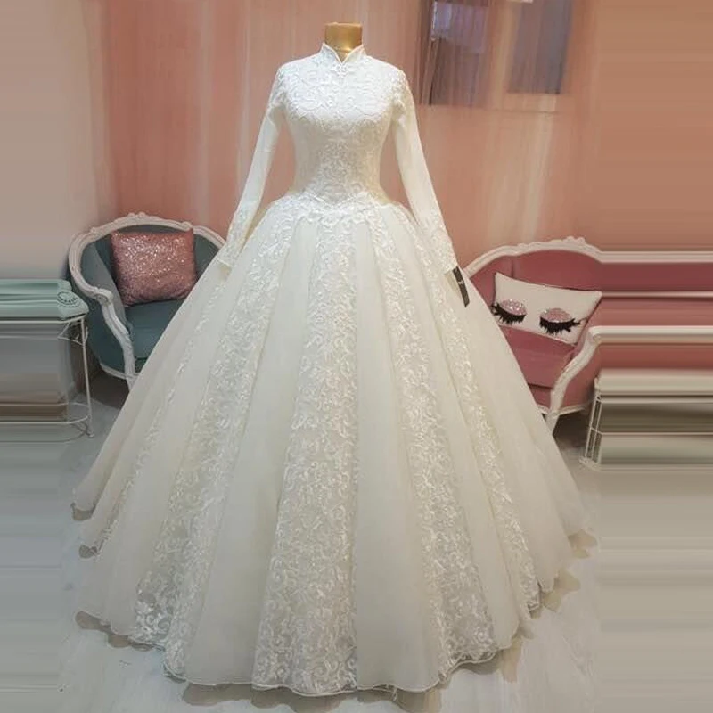 

Luxury High Neck Lace Wedding Dresses Arabic Bridal Gowns Ball Gown Islamic Long Sleeve Muslim Wedding Dress Robes de mariée