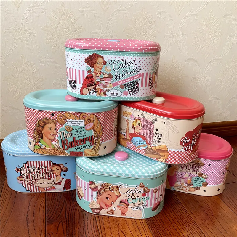 2Pcs/Set Vintage Large Capacity Metal Box Snack Candy Coffee Storage Tin Box Sealed Cans Household Kitchen Store Content Box