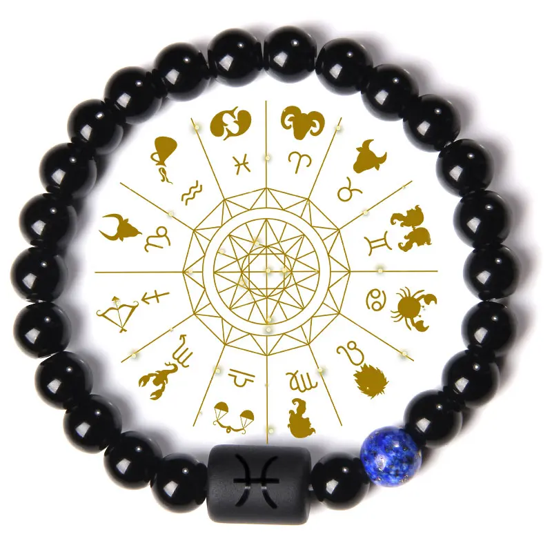 Constellation Zodiac Signs Charm Bracelet Men Natural Black Onyx Stone Beads Elastic Bangles Friendship Jewelry Women Pulsera