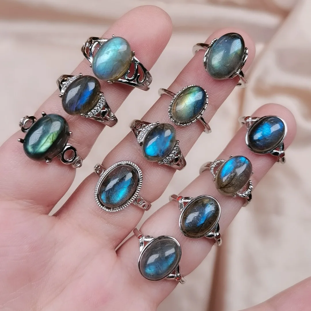 1pc Natural Crystal Stone Ring for Women Reiki Silver Color Grey Moonstone Labradorites Quartz Adjustable Rings Wedding Jewelry