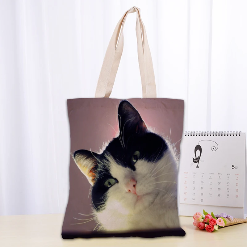 Custom Cat Anime Tote Bag Foldable Shopping Bag Reusable Eco Large Unisex Canvas Fabric Shoulder Bags Tote Grocery Cloth Pouch